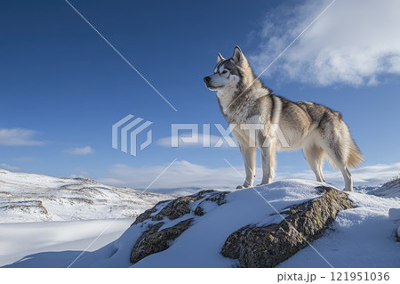 Alaskan malamute dog walking on snowy mountain path on sunny day 121951036