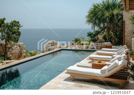 Infinity pool overlooking mediterranean sea at luxury resort 121951037