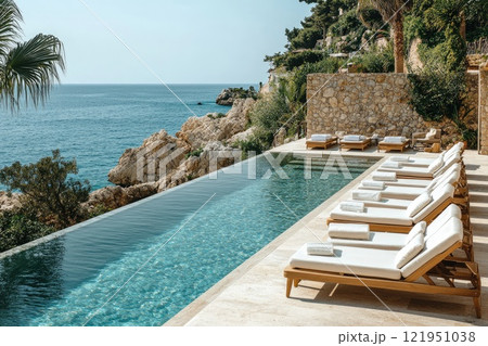 Infinity pool overlooking mediterranean sea at luxury resort in spain 121951038