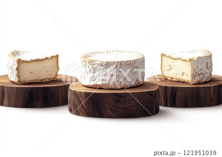 Three slices of saint-nectaire cheese resting on wooden boards, showcasing creamy texture 121951039