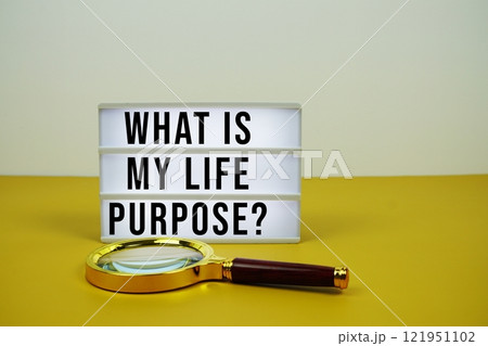 What is my life purpose? text on LED lightbox with magnifying glass on yellow background 121951102