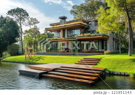 Modern lake house with wooden deck and boat on a sunny day 121951143