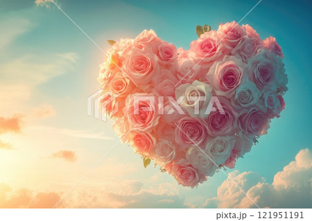 Heart shaped roses floating in sunset sky representing love and romance 121951191