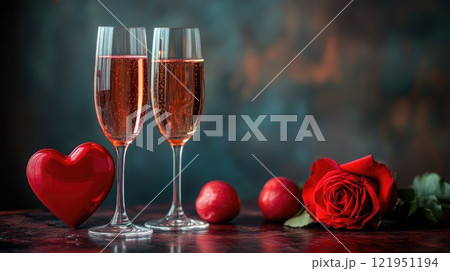 Romantic celebration with sparkling wine, red rose, and heart 121951194