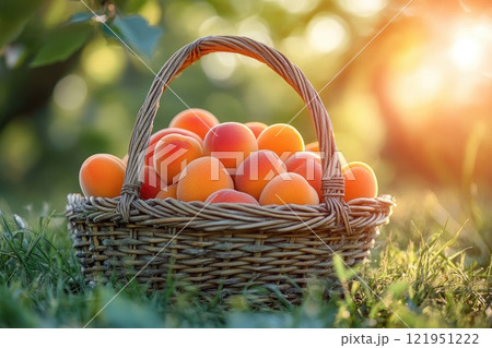 Wicker basket overflowing with freshly picked apricots in orchard sunlight 121951222
