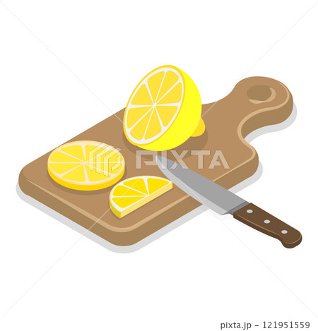 3D Isometric Flat Vector Set of Cooking Food Process, Meat, Fish, Vegetable Chopping Slices on a Board. Item 3 121951559
