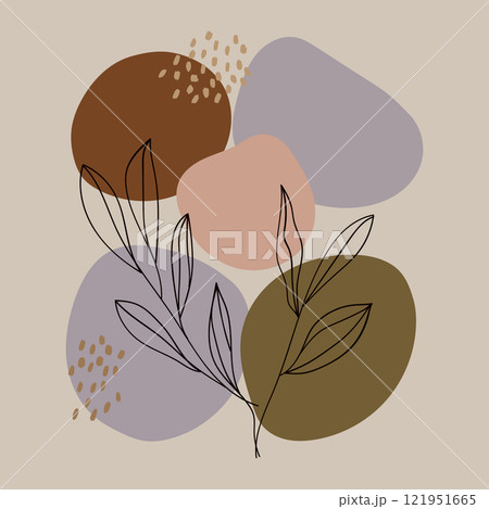 Vector illustration. A restrained composition of natural colors of brown, olive and beige, decorated with subtle floral patterns. A feeling of warmth and peace dominates this work. Vector illustration. A restrained composition of natural colors of brown, olive and beige, decorated with subtle floral patterns. A feeling of warmth and peace dominates this work. 121951665