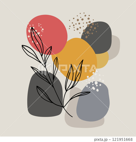 Abstract composition with soft shapes in warm and cold tones of yellow, blue, red, supplemented with graphic elements in the form of plants. Abstract composition with soft shapes in warm and cold tones of yellow, blue, red, supplemented with graphic elements in the form of plants. 121951668