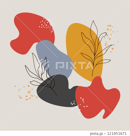 Vector illustration. A dynamic composition combining abstract color spots in red, yellow, black with contoured plants. 121951671