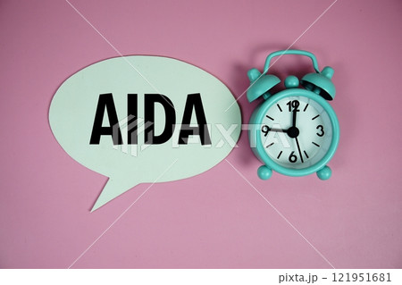 AIDA text on speech bluble with alarm clock top view on pink background AIDA text on speech bluble with alarm clock top view on pink background 121951681