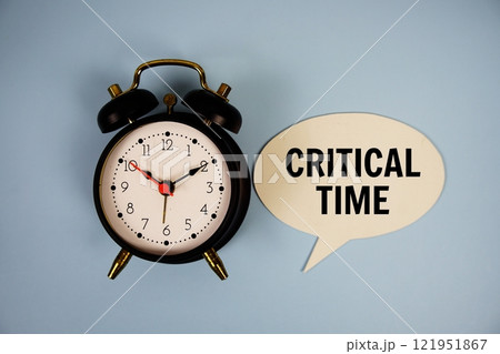 Critical Time text on speech bluble with magnifying glass top view on blue background 121951867