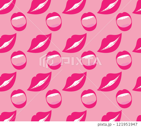 Continuous pattern of lips with white teeth on pink background Continuous pattern of lips with white teeth on pink background 121951947