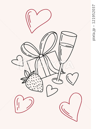Hand drawn Valentines Day vector card illustration with hearts, tulips, champagne glasses, strawberries, and gift boxes. Black and red colors. Sketch style. Perfect for prints, cards, posters, decor Hand drawn Valentines Day vector card illustration with hearts, tulips, champagne glasses, strawberries, and gift boxes. Black and red colors. Sketch style. Perfect for prints, cards, posters, decor 121952037