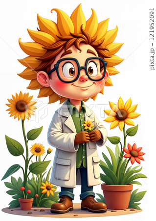 Botanist with sunflowers holds flower. 121952091