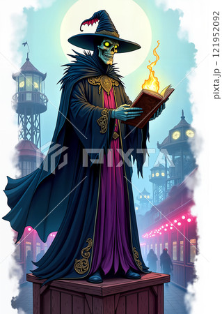 Necromancer holds flaming spellbook. 121952092