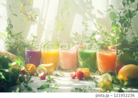 Beautiful kids room with colorful smoothies in glass cups surrounded by fresh fruits and herbs Beautiful kids room with colorful smoothies in glass cups surrounded by fresh fruits and herbs 121952236