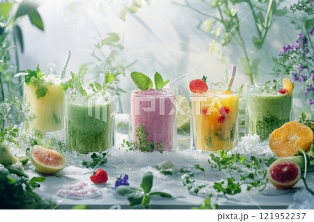 Beautiful kids room with colorful smoothies in glass cups surrounded by fresh fruits and herbs Beautiful kids room with colorful smoothies in glass cups surrounded by fresh fruits and herbs 121952237