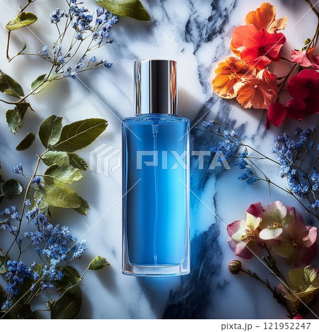 a bottle with blue perfume standing on a marble surface with flowers and leaves around it 121952247