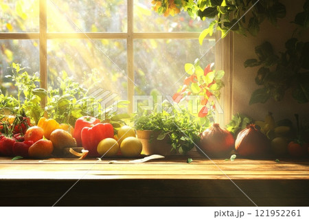 fresh vegetables and fruits on a wooden surface near the window 121952261