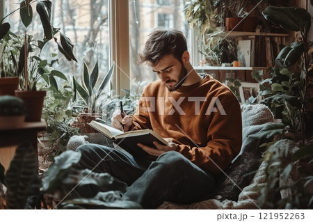 A man writes in a journal in a cozy, bright room with plants 121952263