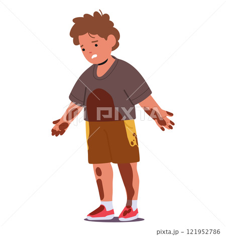 Little preschool boy child cartoon character wearing dirty wet clothes isolated on white background Little preschool boy child cartoon character wearing dirty wet clothes isolated on white background 121952786