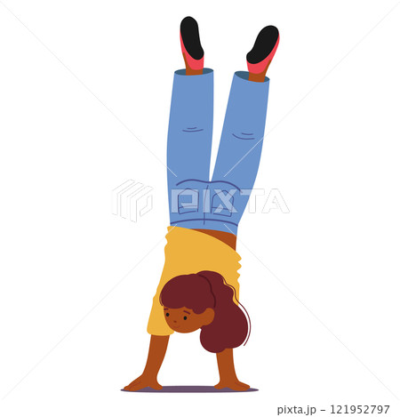 Cute strong girl child cartoon character performing handstand balance upside down gymnastic trick 121952797