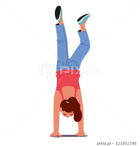 Girl child cartoon character balancing body holding hand upside down pose isolated on white 121952798
