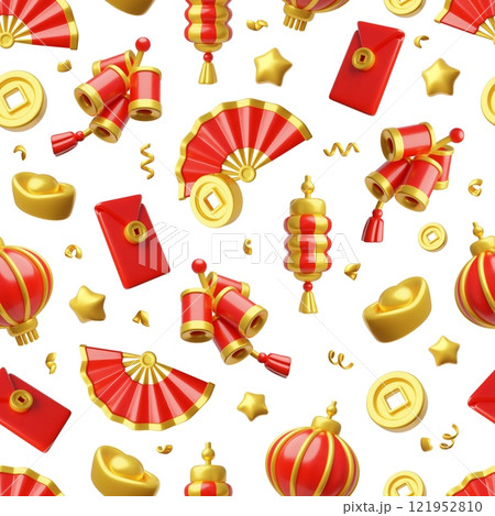 Chinese Happy New Year festive seamless pattern vector 3D design, golden coins and ingot, red fan, Asian lucky symbols Chinese Happy New Year festive seamless pattern vector 3D design, golden coins and ingot, red fan, Asian lucky symbols 121952810