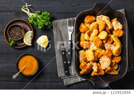 fried chunks, bites, tenders, nuggets on a dish 121952850