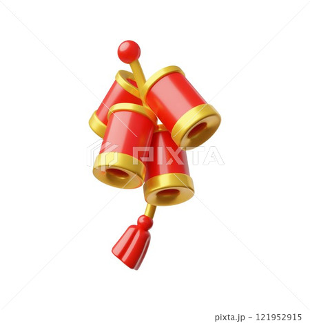 Chinese red firecrackers hanging on a rope with tassel 3D icon, traditional Lunar new year petard crackers in bundle 121952915