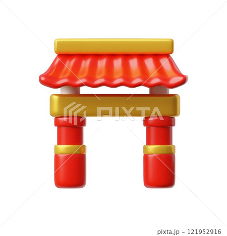 Chinese red gold gate 3D vector icon, new year volume element, Asian traditional architecture arch entrance with roof 121952916