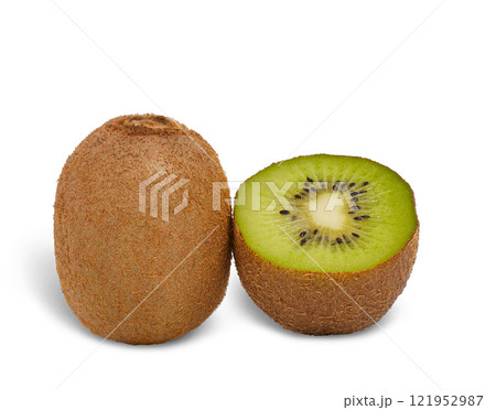 Ripe whole kiwi fruit and half kiwi isolated on white background 121952987