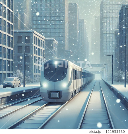 【雪に包まれた静かな都市を走る近未来的な列車のイラスト】冬の都会を描いた洗練されたデザイン素材   121953380