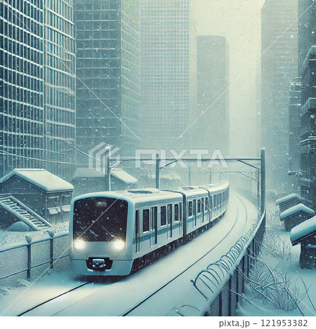 【雪に包まれた静かな都市を走る近未来的な列車のイラスト】冬の都会を描いた洗練されたデザイン素材   121953382