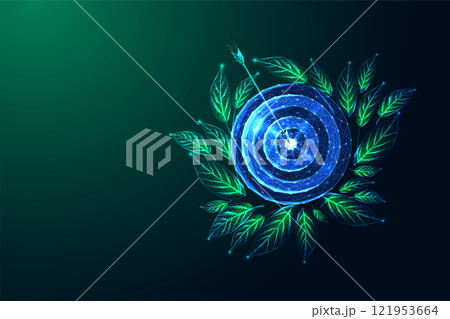Sustainable development goals concept with glowing target and arrow surrounded by green leaves  121953664