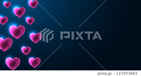 Valentines Day digital web banner with glowing polygonal pink hearts floating on dark blue backdrop 121953665