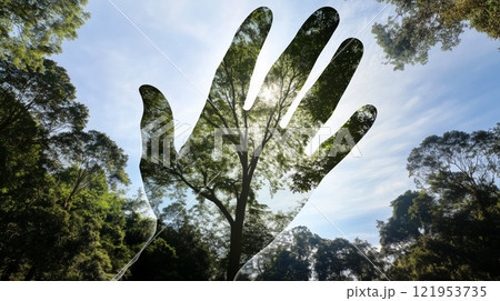 Double exposure silhouette hand over lush green trees. Nature connection concept featuring. International Day of Forests. Double exposure silhouette hand over lush green trees. Nature connection concept featuring. International Day of Forests. 121953735