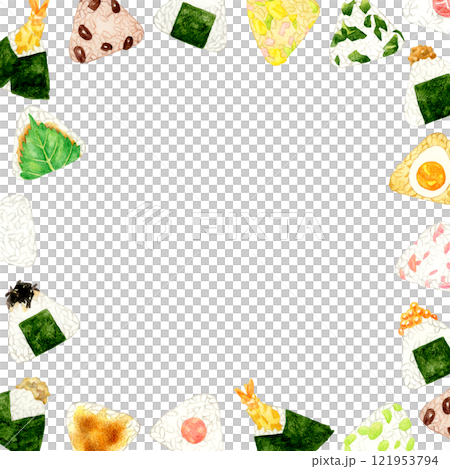 色々な種類のおにぎりのフレーム　食べ物・料理の手描き水彩イラスト背景素材 121953794