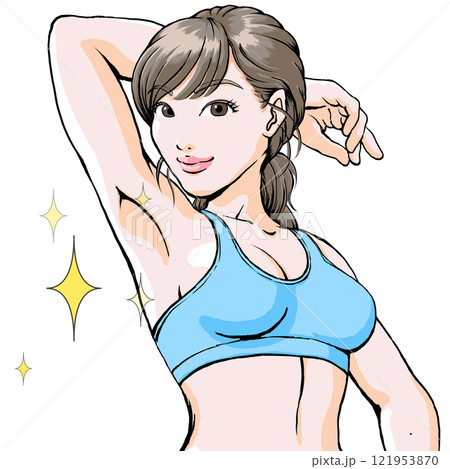 キレイな脇見せポーズするスポブラ姿の若い女性 121953870