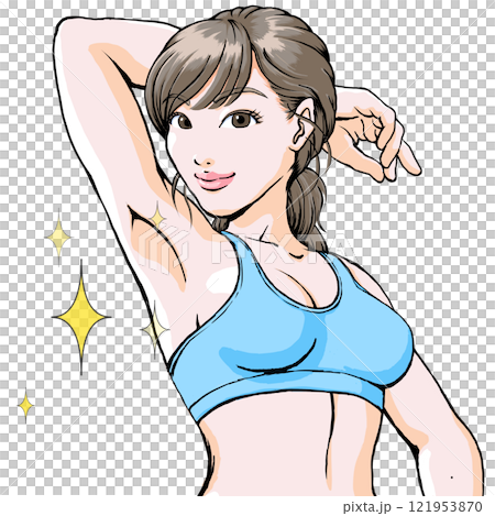 キレイな脇見せポーズするスポブラ姿の若い女性 121953870