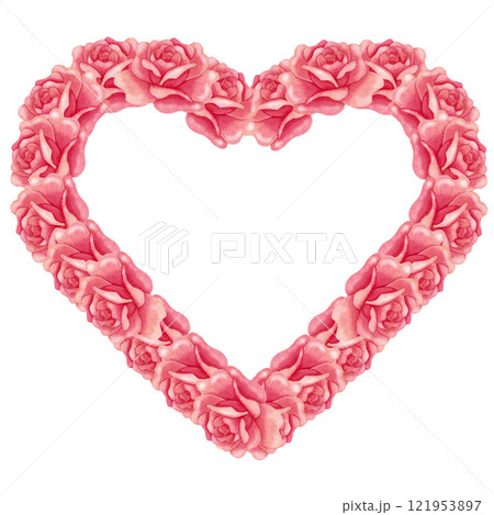 Watercolor heart-shaped frame with ton of pink roses 121953897
