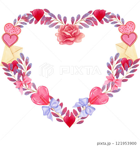 Watercolor heart-shaped frame of letters, heart-shaped candy stick, violet rose brunches and hearts  121953900