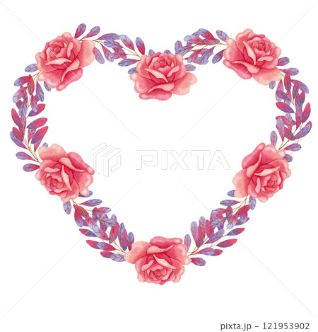 Watercolor heart-shaped frame with pink roses and violet rose brunches.  121953902