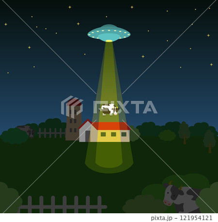 牧場に現れたUFOに連れて行かれる牛のベクターイラスト 牧場に現れたUFOに連れて行かれる牛のベクターイラスト 121954121