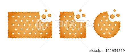 Set of bitten crackers with crumbs. Sweet or salty biscuit cookies in rectangle, square and round shapes. Crunchy snacks isolated on white background. Vector cartoon illustration 121954269