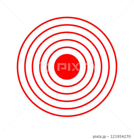 Red concentric circles with dot in center. Target, aim, goal concept. Pain localization, sore or inflammation symbol. Pulse or headache sign. Sound, radar or sonar wave pictogram. Vector illustration Red concentric circles with dot in center. Target, aim, goal concept. Pain localization, sore or inflammation symbol. Pulse or headache sign. Sound, radar or sonar wave pictogram. Vector illustration 121954270