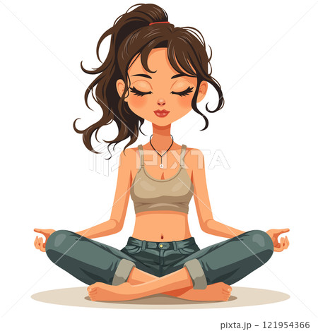 girl doing yoga. sitting with closed eyes on the mat. vector illustration 121954366