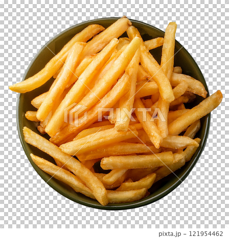 Golden Brown French Fries Isolated on a Transparent Background, Highlighting Their Crunchy Texture and Classic Snack Appeal 121954462