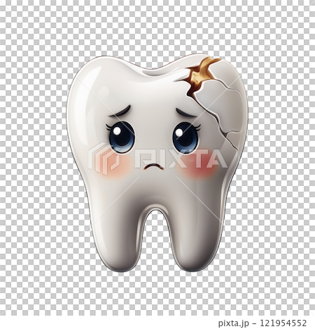Sad kawaii style cartoon broken sick tooth, isolated on transparent background, perfect for dental health awareness, children's education, and creative illustrations 121954552