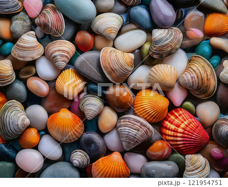 Colorful river stones and seashell fragments as a natural textured background, ideal for design, decoration, beach-inspired projects, and themes of tranquility, harmony, and coastal aesthetics Colorful river stones and seashell fragments as a natural textured background, ideal for design, decoration, beach-inspired projects, and themes of tranquility, harmony, and coastal aesthetics 121954751